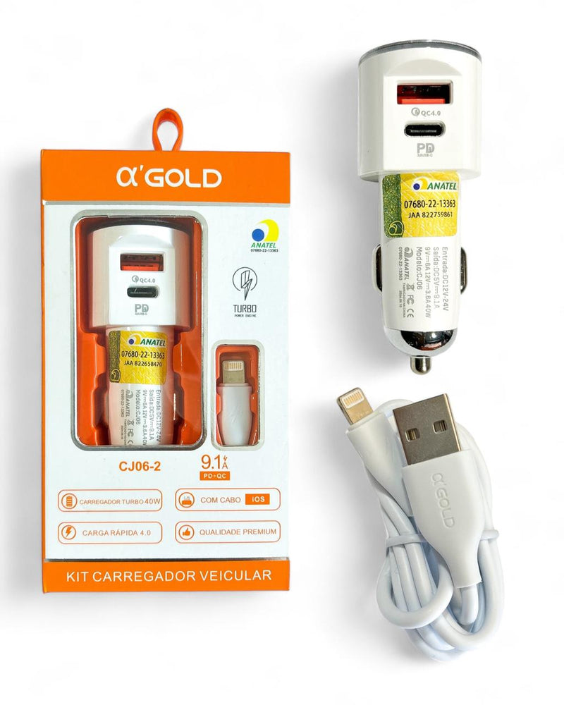 Kit Carregador + Cabo Turbo Automotivo 40W GOLD